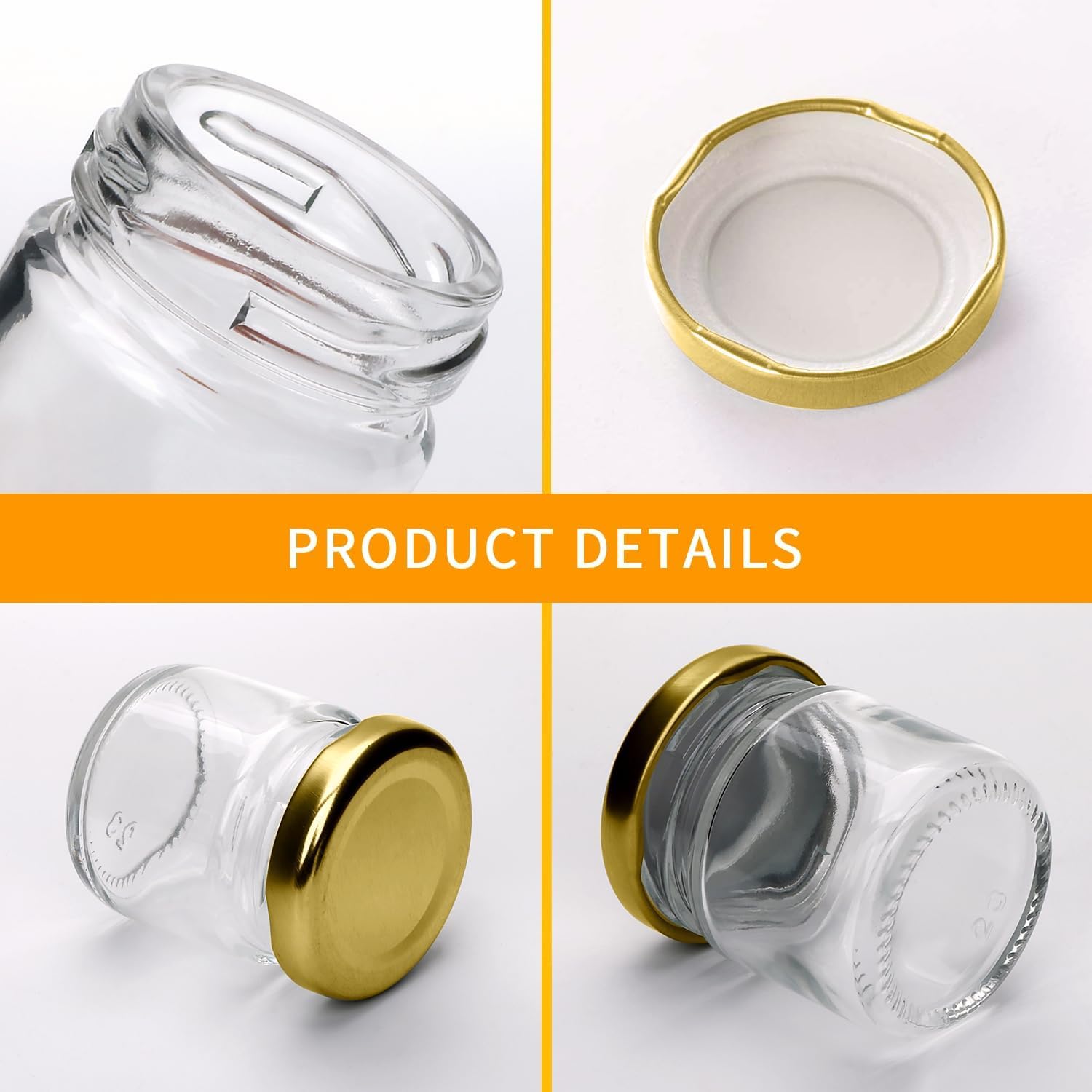 EVATTA Small Glass Jars with lid 50 ml - 48 Pieces Clear | Round Shape | Golden Airtight Metal Lid | mini glass jars | Mini Maso